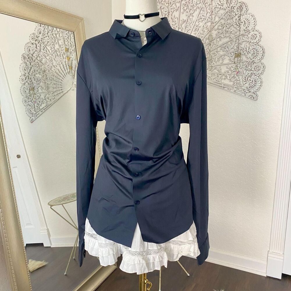 NWOT Navy Blue Satin Button Up Blouse Size XL